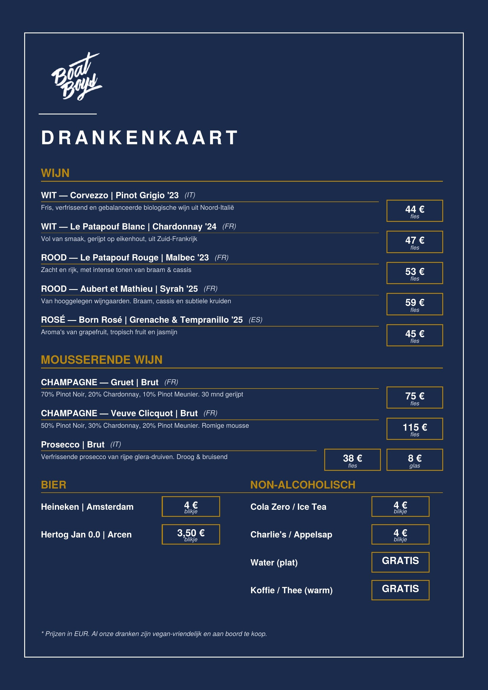 drankenkaart aan boord nederlands